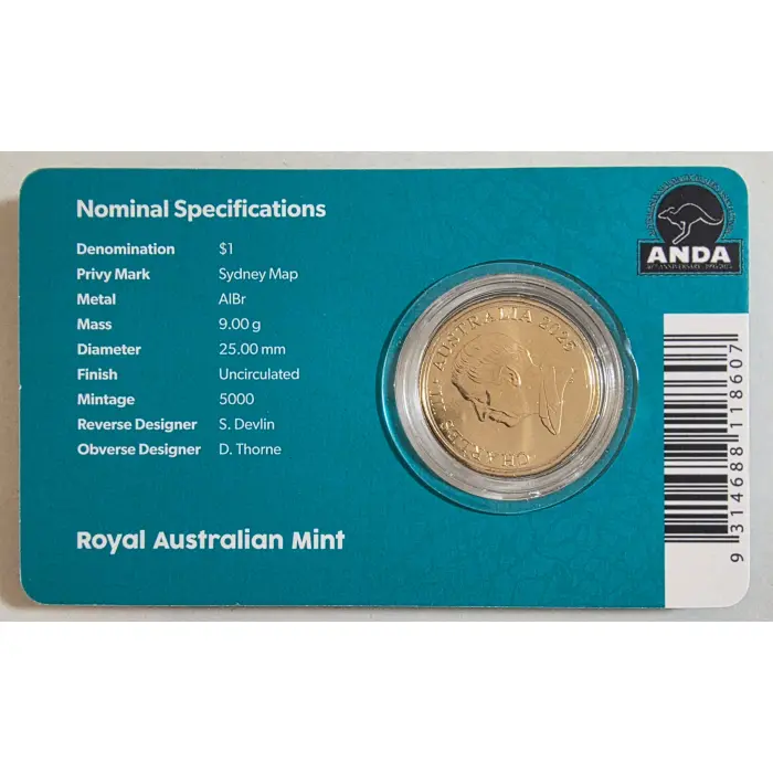 2025 $1 Mob of Roos ANDA Sydney Money Expo 30th Anniversary Sydney Map Privy