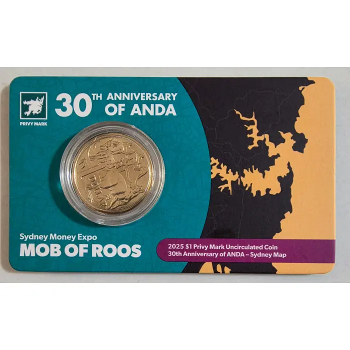 2025 $1 Mob of Roos ANDA Sydney Money Expo 30th Anniversary Sydney Map Privy