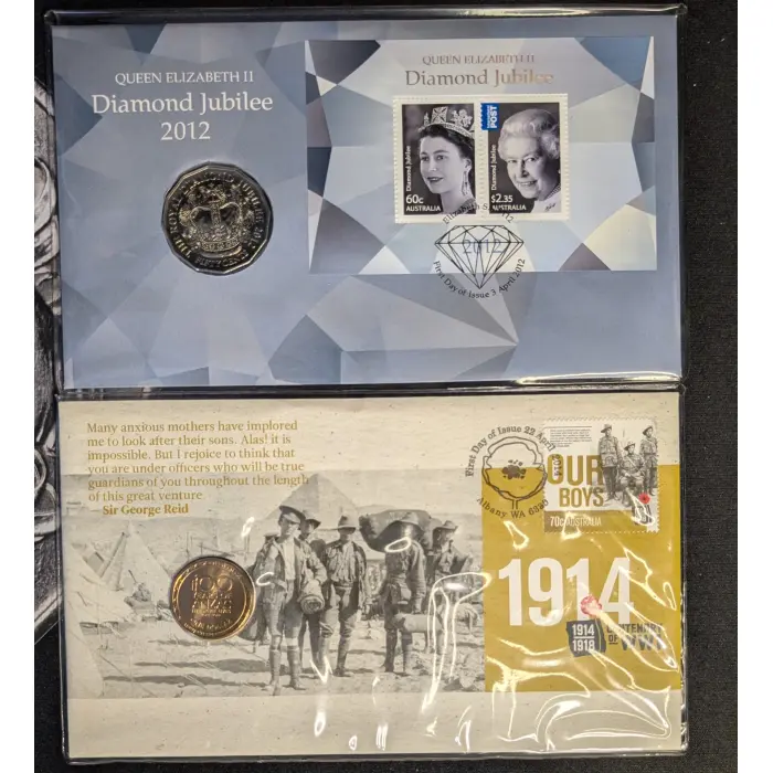 2012 50c DIAMOND JUBILEE PNC and 2014 $1 100 YEARS OF ANZAC PNC