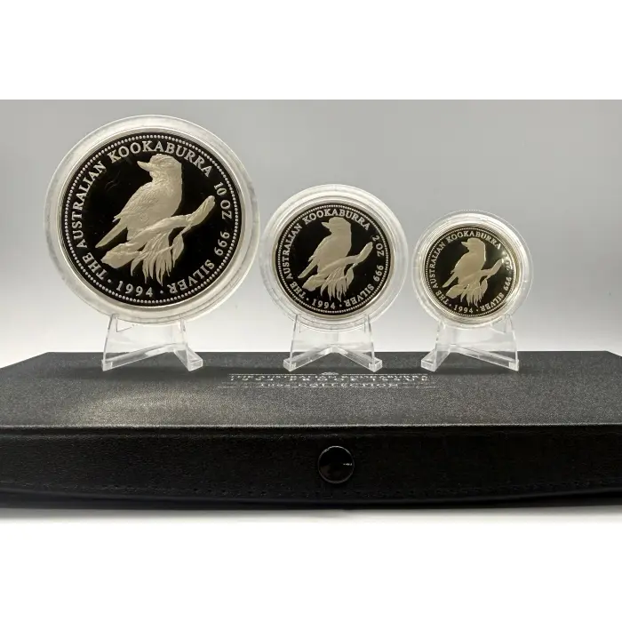 1994 Perth Mint Kookaburra Proof Issue 10, 2 and 1 oz silver. Just 250 minted