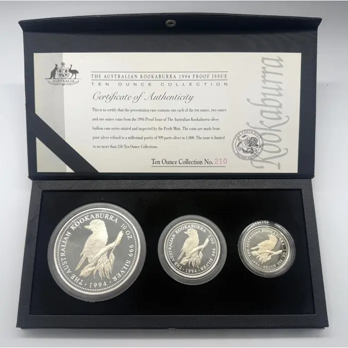 1994 Perth Mint Kookaburra Proof Issue 10, 2 and 1 oz silver. Just 250 minted
