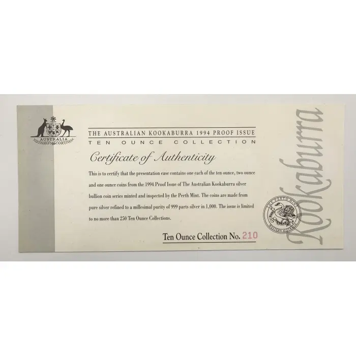 1994 Perth Mint Kookaburra Proof Issue 10, 2 and 1 oz silver. Just 250 minted