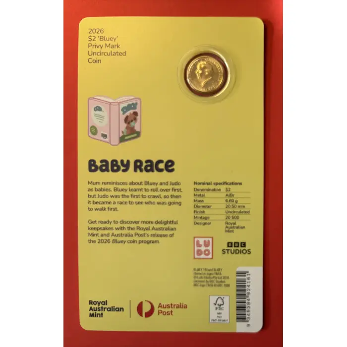 2026 $2 Bluey - Baby Race “C” Privy Mark Uncirculated Coin