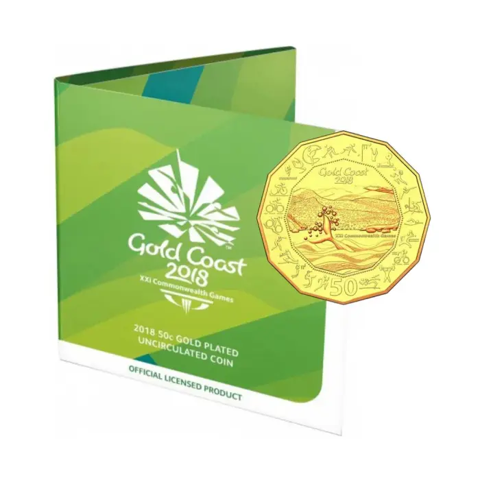 2018 50c Gold Plated Gold Coast Games Trifold Carded Coin - Mintage: 20,000