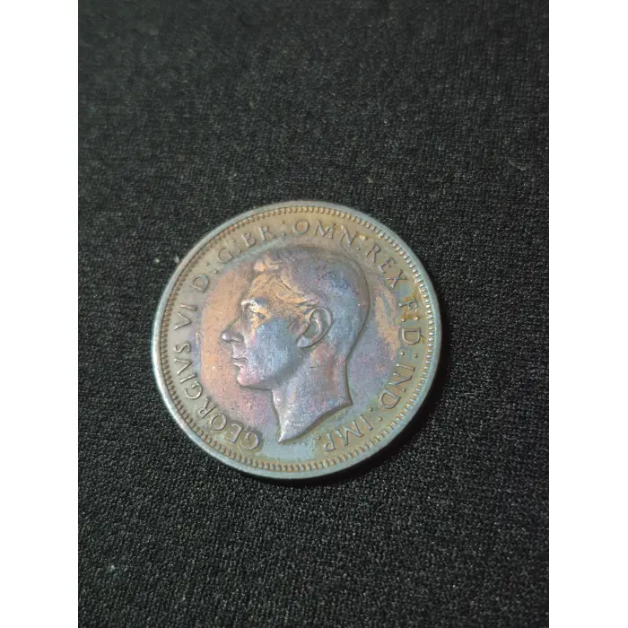 1945 HALF PENNY U.K (BEAUTIFUL BLUE RED TONING)