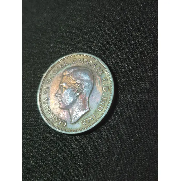 1945 HALF PENNY U.K (BEAUTIFUL BLUE RED TONING)