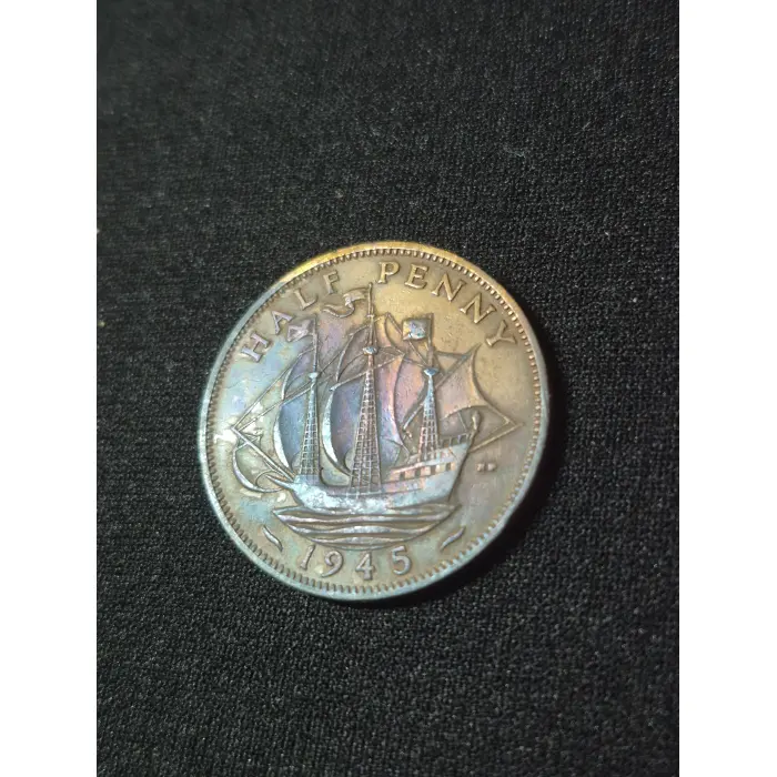 1945 HALF PENNY U.K (BEAUTIFUL BLUE RED TONING)