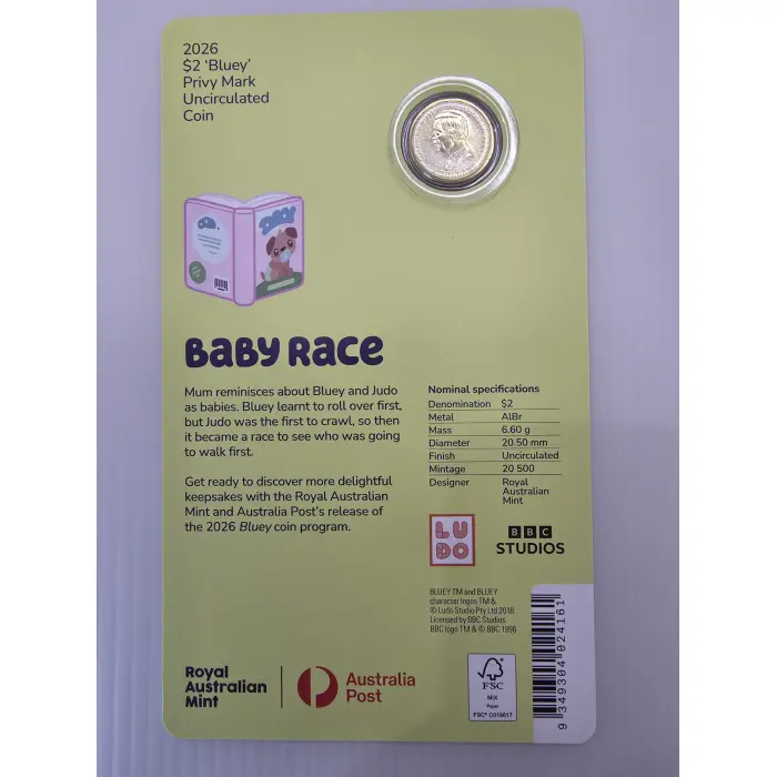 Bluey 2026 $2 Coin in Card with Privy Mark - BABY RACE