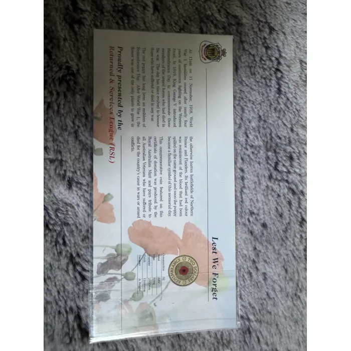 2012 RAM $2 Red Poppy Lest We Forget Uncirculated Coloured Coin on RSL Card.