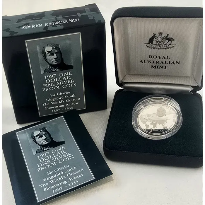 1997 $1 Silver Proof Coin Sir Charles Kingsford Smith # 968 of 20,000