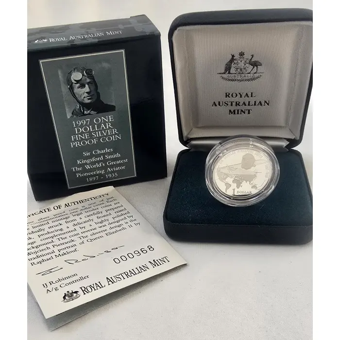 1997 $1 Silver Proof Coin Sir Charles Kingsford Smith # 968 of 20,000