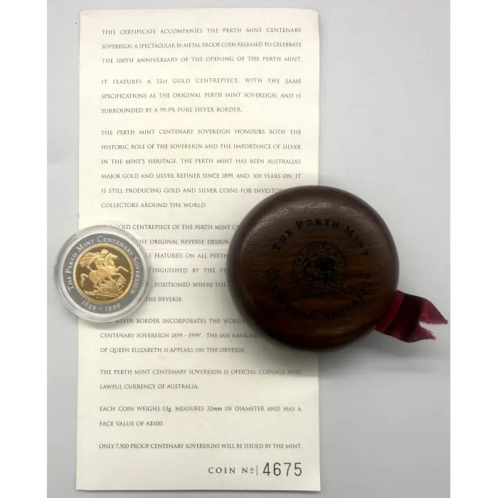 1999 Perth Mint “Centenary” bi metal full gold sovereign- Limited mintage 7,500