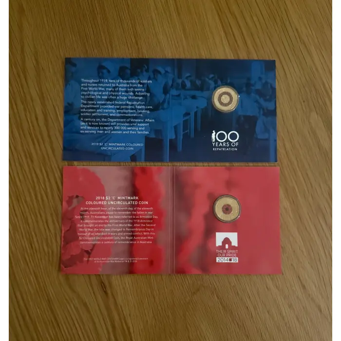 Set of 2 premium $2 C MINT coins includes 2018 Armistice & 2019 Repatriation 