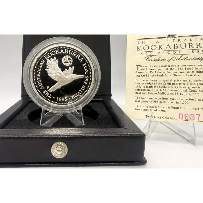 1995 Perth Mint Australian kookaburra Proof issue 2oz silver Melbourne Privymark