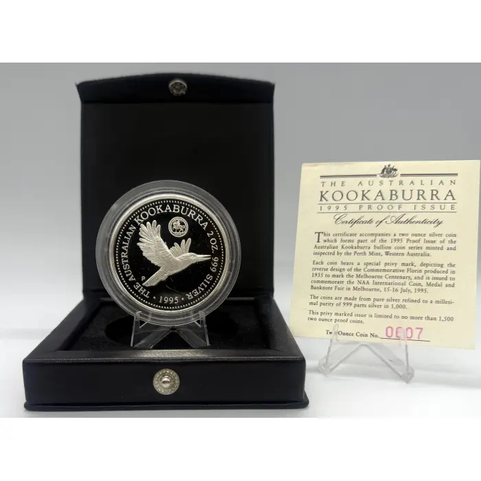 1995 Perth Mint Australian kookaburra Proof issue 2oz silver Melbourne Privymark