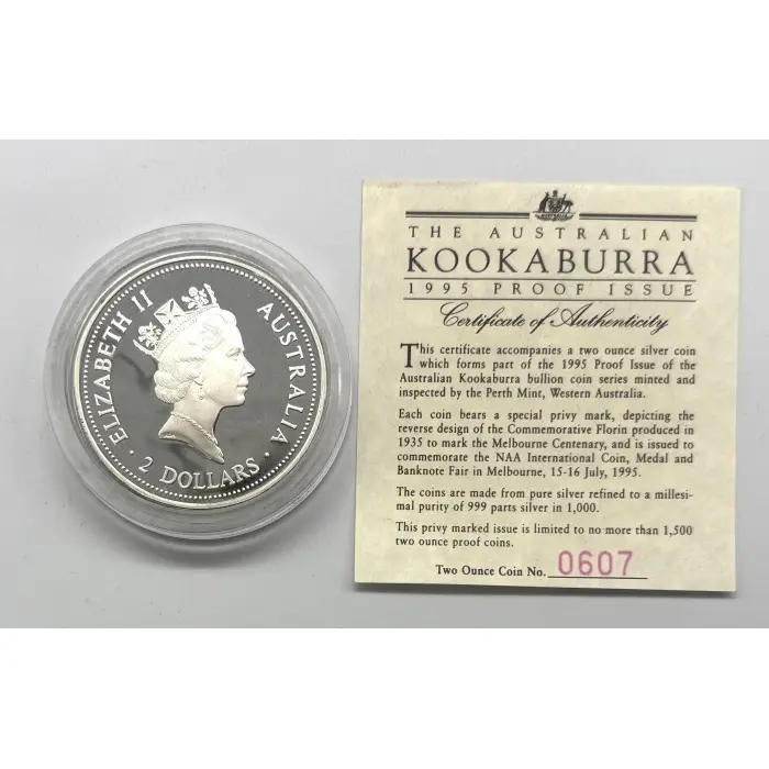 1995 Perth Mint Australian kookaburra Proof issue 2oz silver Melbourne Privymark