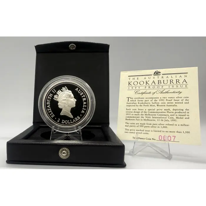 1995 Perth Mint Australian kookaburra Proof issue 2oz silver Melbourne Privymark