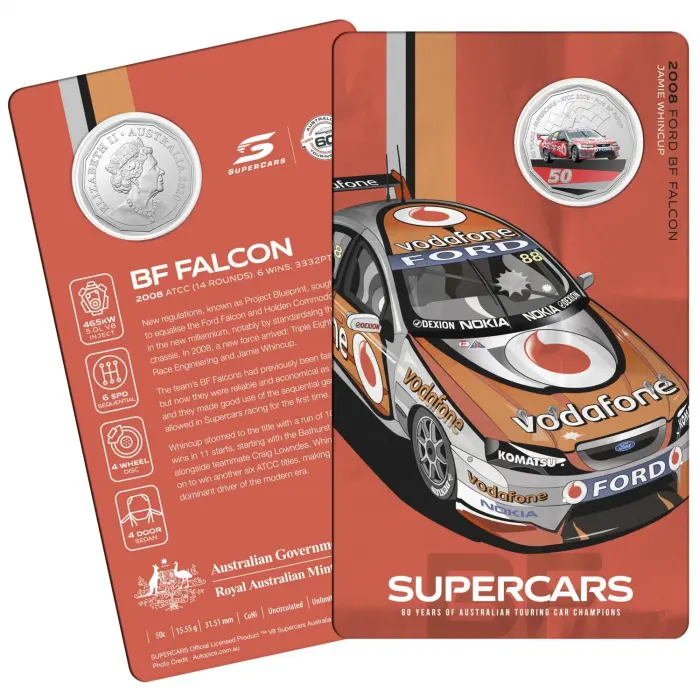 2020 50¢ 60 Years of Australian Touring Car Champions Ford BF Falcon - 50c Coloured CuNi UNC coin