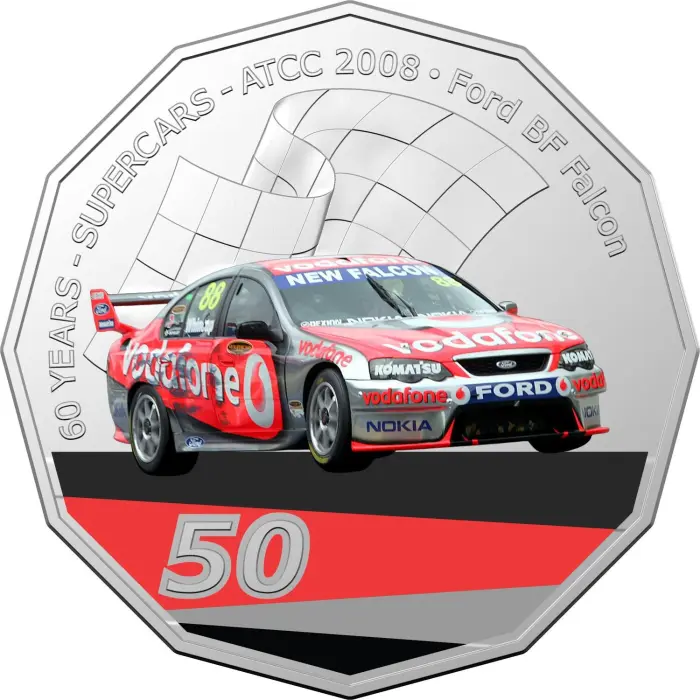 2020 50¢ 60 Years of Australian Touring Car Champions Ford BF Falcon - 50c Coloured CuNi UNC coin