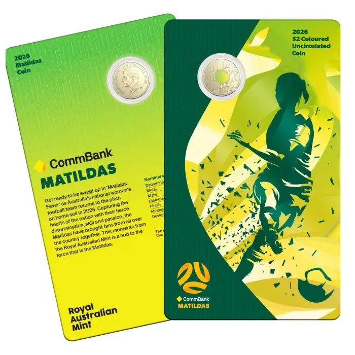 2026 $2 Matildas Coloured UNC Coin on card