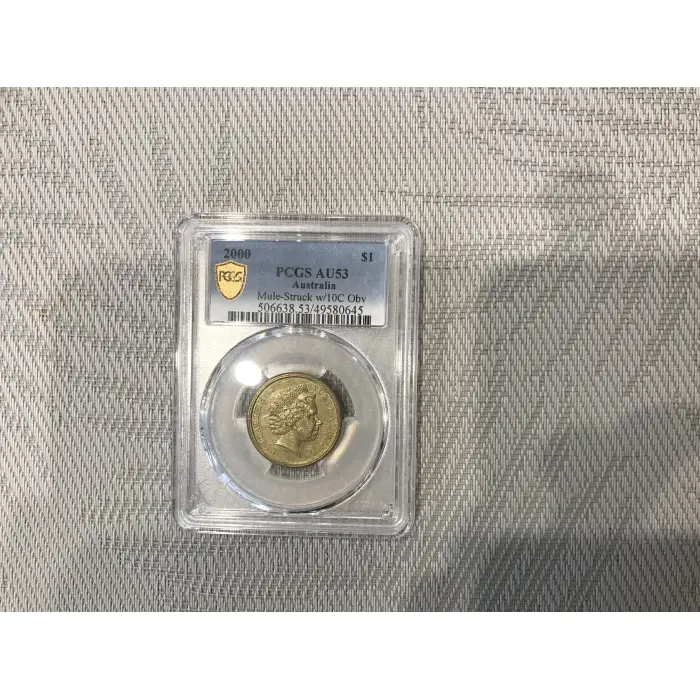 2000 $1 mule coin PCGS AU53 coin with 10 cent obverse strike