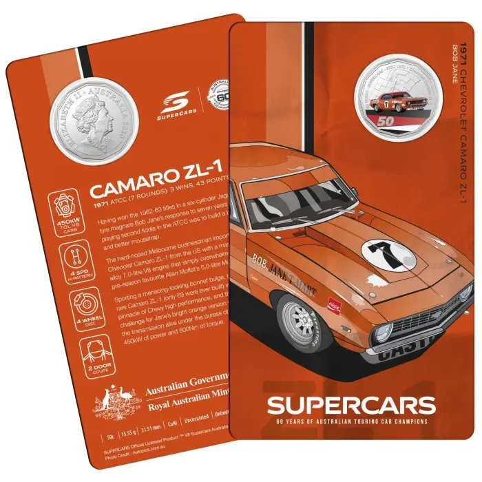 2020 50¢ 60 Years of Australian Touring Car Champions 1971 Chevrolet Cam1ro - 50c Coloured CuNi UNC coin