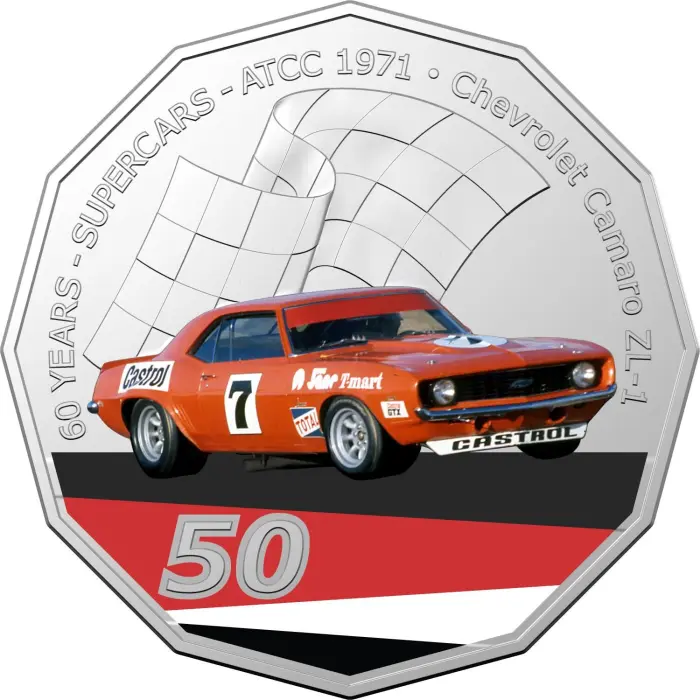 2020 50¢ 60 Years of Australian Touring Car Champions 1971 Chevrolet Cam1ro - 50c Coloured CuNi UNC coin