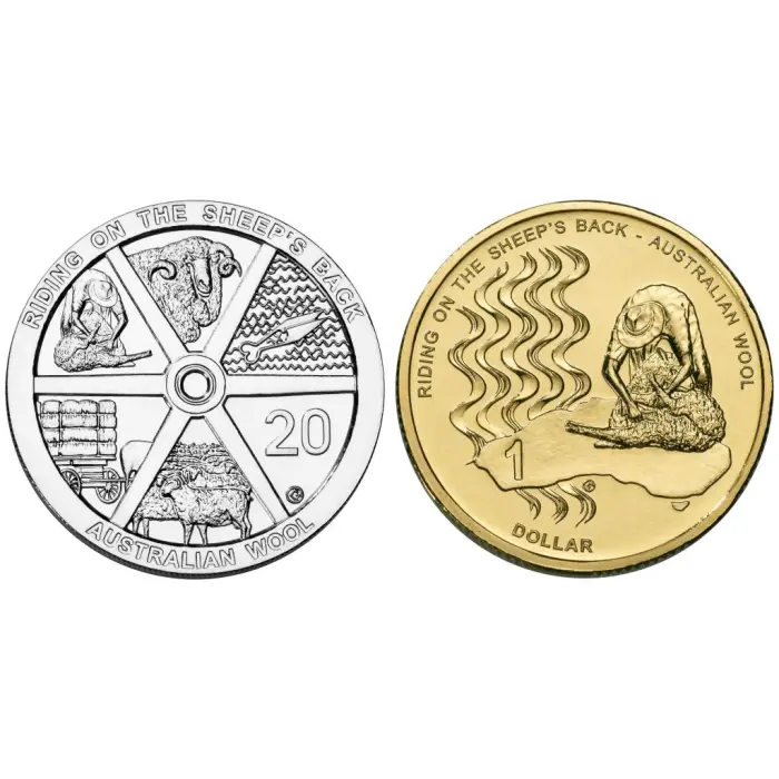 2011 $1 & 20c Australian Wool 2x Coin Carded Set - Mintage:  30,000