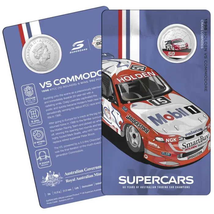 2020 50¢ 60 Years of Australian Touring Car Champions Holden VS Commodore - 50c Coloured CuNi UNC coin