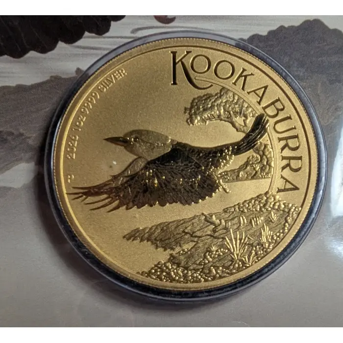 2026 Kookaburra 1oz Silver Gold Plated Coin in Card - Perth Stamp and coin show