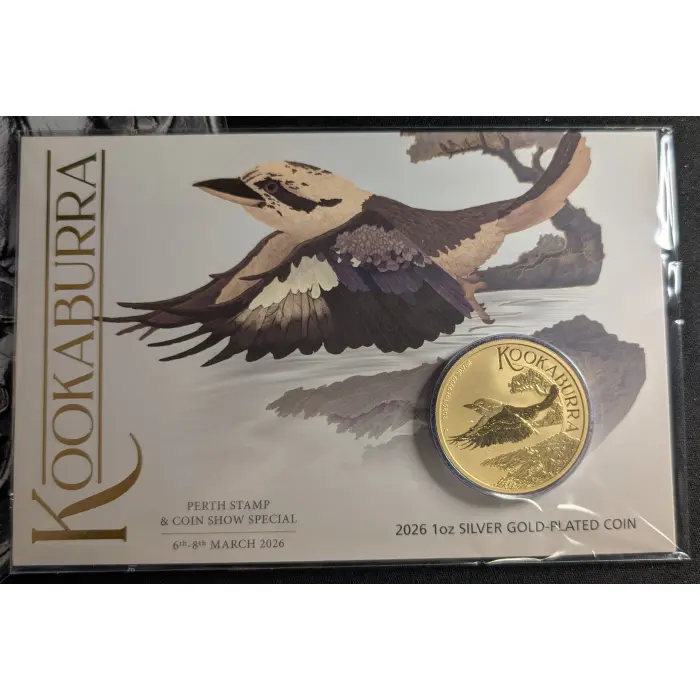 2026 Kookaburra 1oz Silver Gold Plated Coin in Card - Perth Stamp and coin show