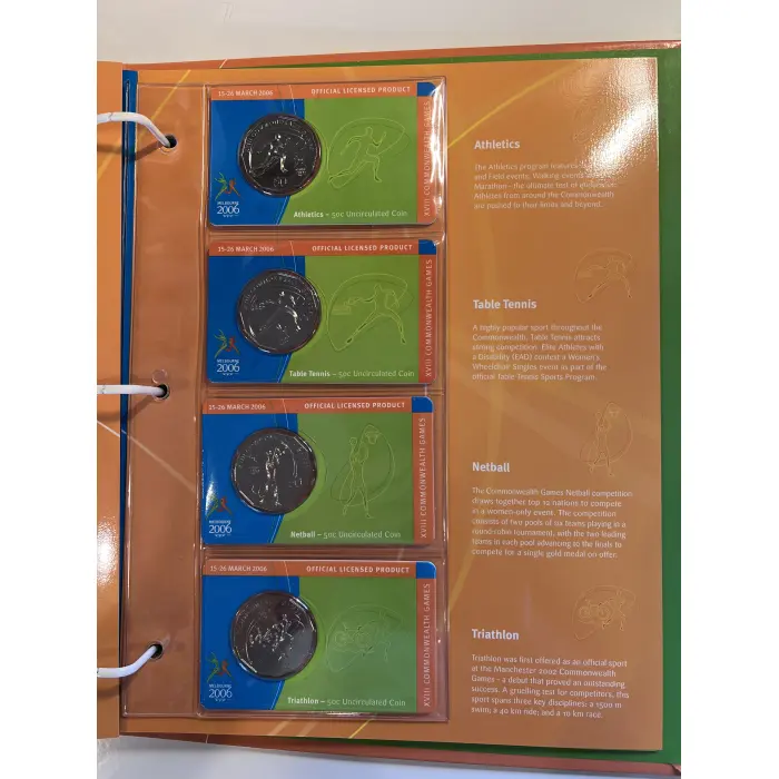 2006 Melbourne Commonwealth Games ALBUM 17 commemorative 50 cent coins +5 dollar