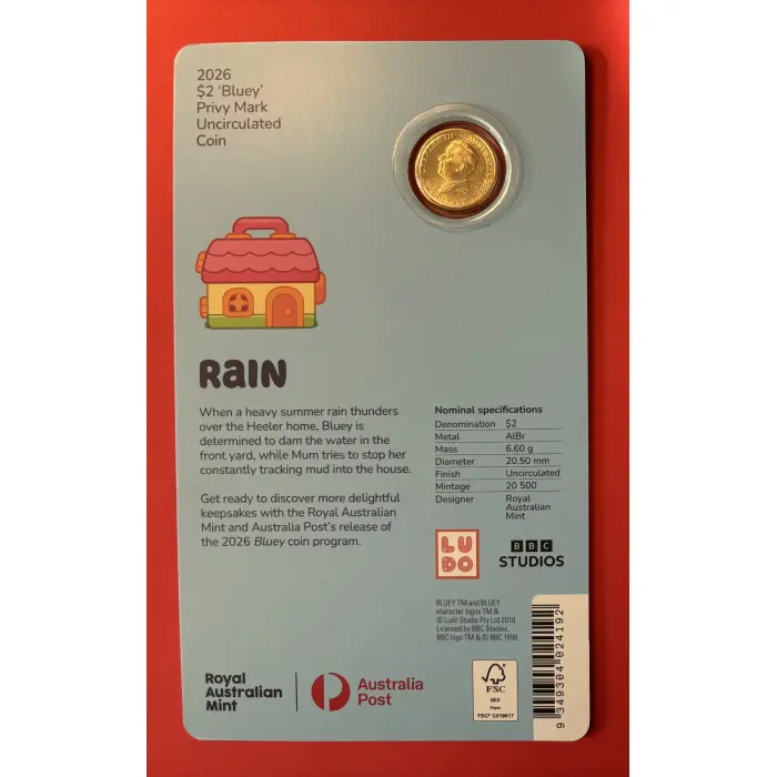 2026 $2 Bluey - Rain “C” Privy Mark Uncirculated Coin
