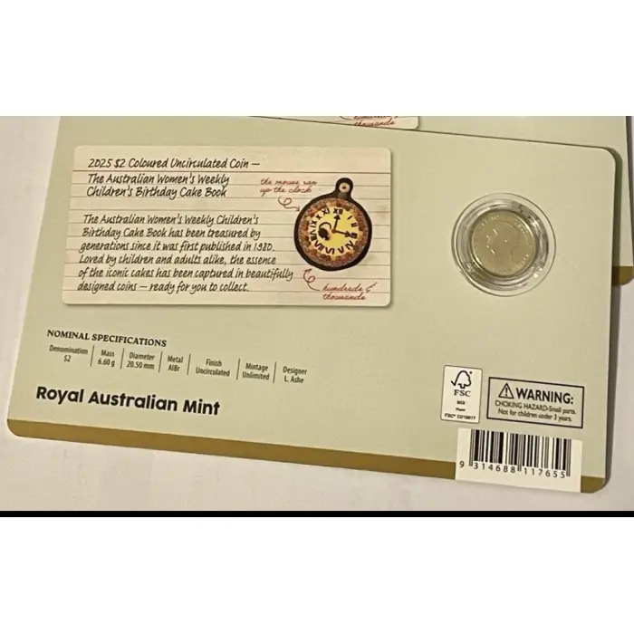 2025 $2 WOMENS WEEKLY BIRTHDAY CAKE Coloured UNC coin in card from RAM, 1 Coin.