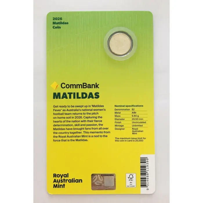2026 $2 Commbank Matildas Coloured 'C' Mint Carded Coin