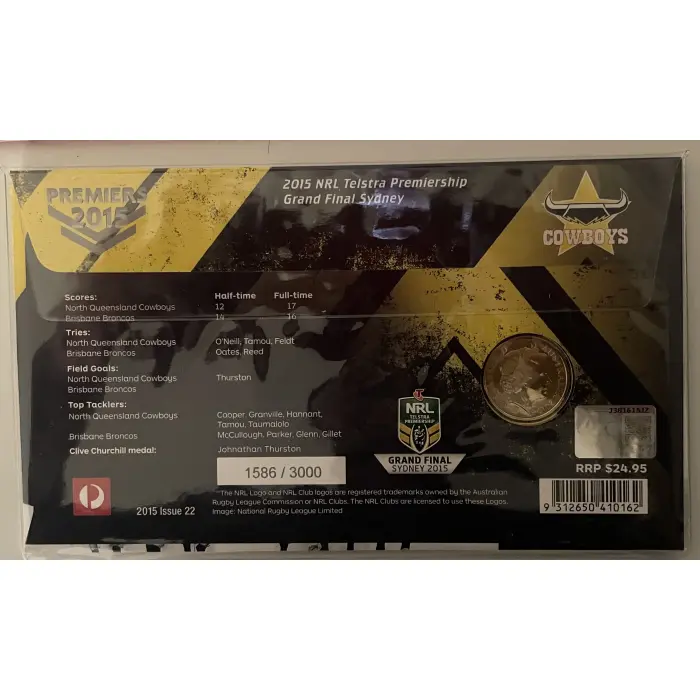 2015 NRL Premiers Nth Queensland Cowboys PNC 1586/3000 with stamp & figurines  