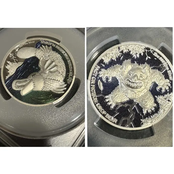 2024 PR70 Top Pops Fact Fiction Platypus + Drop Bear Niue 2oz Silver Proof Coins