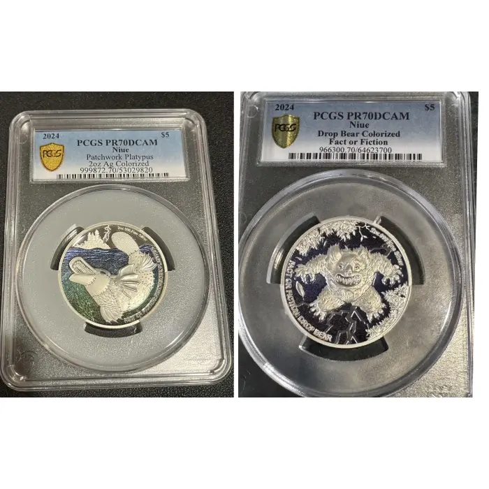 2024 PR70 Top Pops Fact Fiction Platypus + Drop Bear Niue 2oz Silver Proof Coins