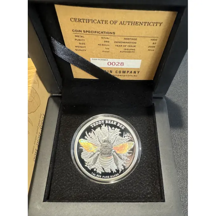 🐝 Low COA - 28 - 2026 $2 TeddyBear Bee Hologram 1oz Silver Proof Coin 