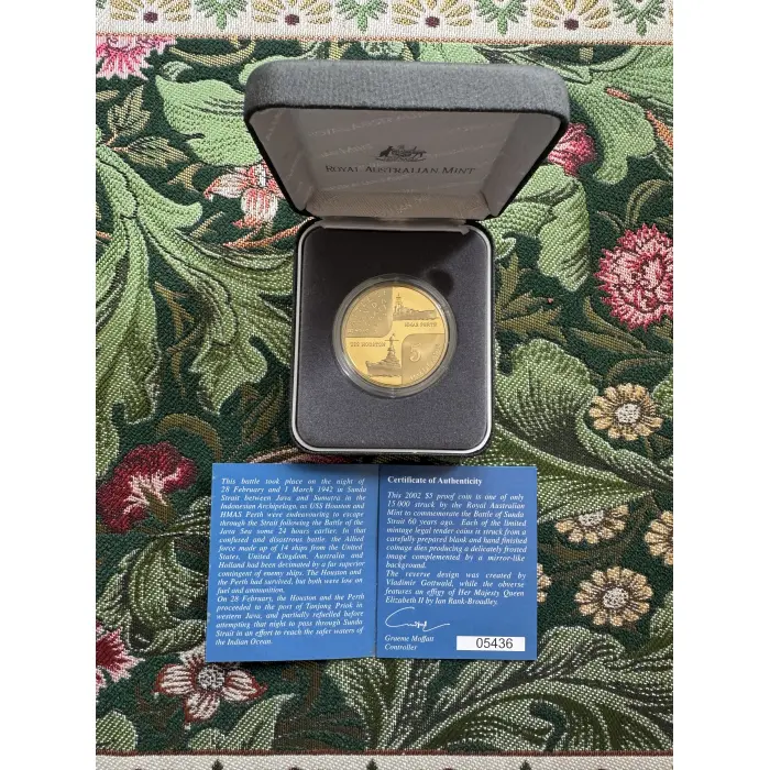 2002 $5 Aluminium Bronze Proof Coin - Battle of Sunda Straight 