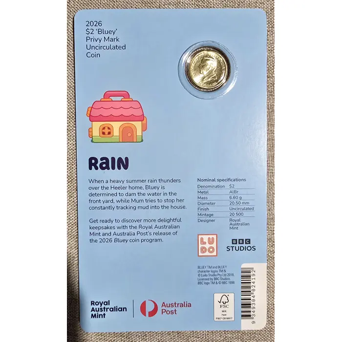 2026 $2 BLUEY RAIN COIN SPECIAL PRIVY MARK - UNCIRCULATED COIN IN CARD PNC