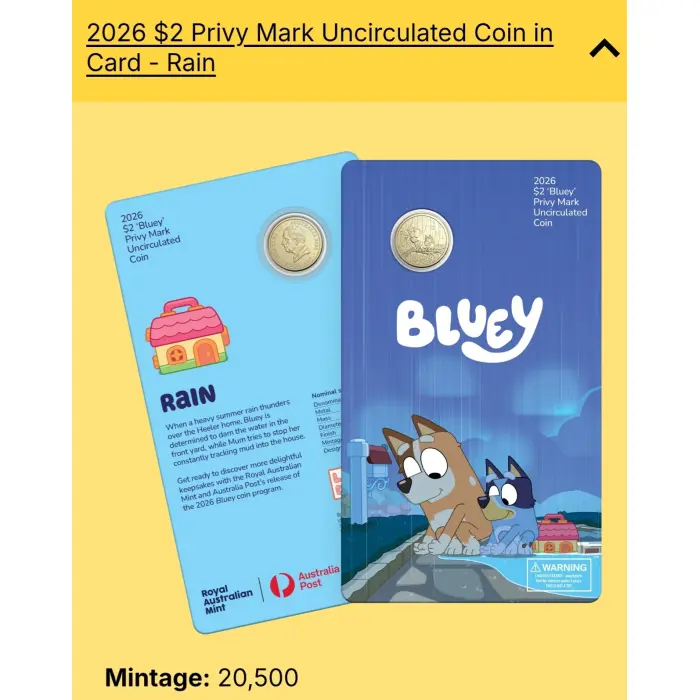 2026 $2 BLUEY RAIN COIN SPECIAL PRIVY MARK - UNCIRCULATED COIN IN CARD PNC