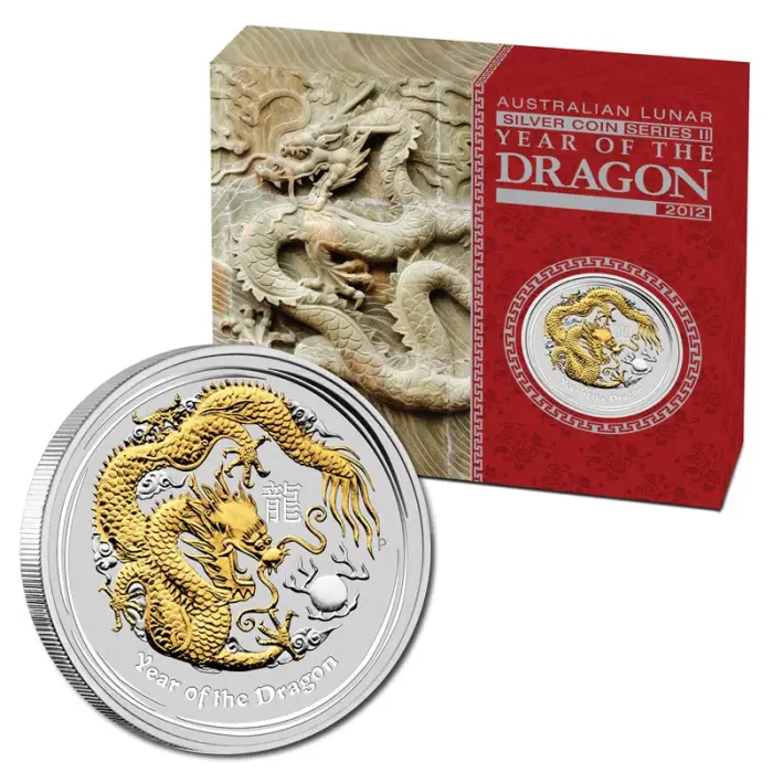 2012 1oz Silver Year Of The Dragon Gold Gilded - Mintage: 50,000
