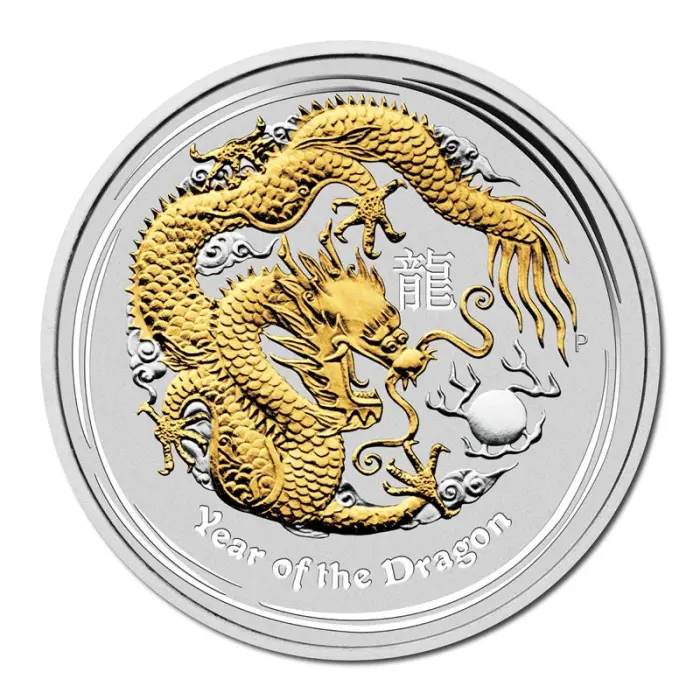 2012 1oz Silver Year Of The Dragon Gold Gilded - Mintage: 50,000