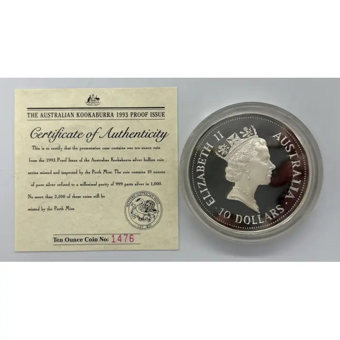 1993 Perth Mint Australian Kookaburra Proof Issue 10oz silver Coin in Case +COA