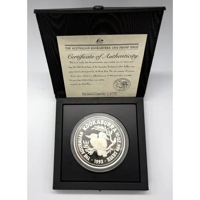 1993 Perth Mint Australian Kookaburra Proof Issue 10oz silver Coin in Case +COA