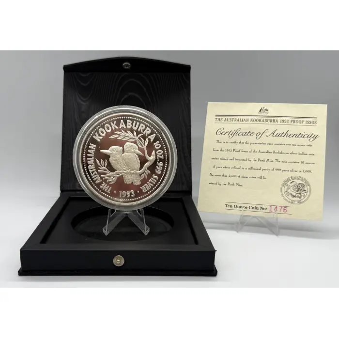 1993 Perth Mint Australian Kookaburra Proof Issue 10oz silver Coin in Case +COA