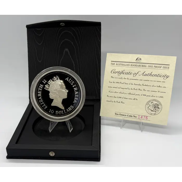 1993 Perth Mint Australian Kookaburra Proof Issue 10oz silver Coin in Case +COA