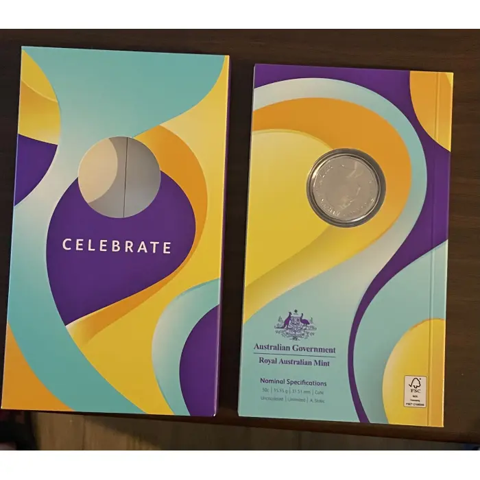 2025 Australian 50c ‘celebrate’ coloured coin on card from the RAM