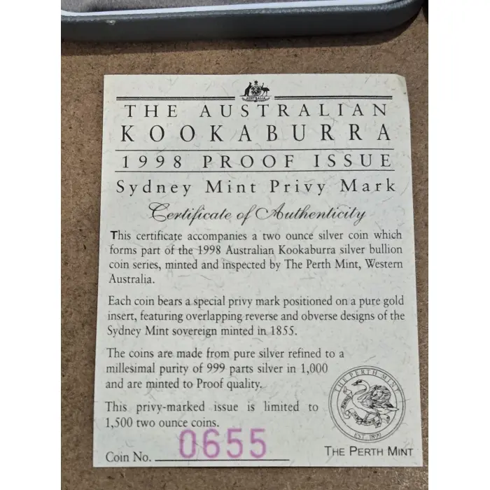 1998 2oz Silver Kookaburra 'Sydney Mint' Privy Mark- low mintage!